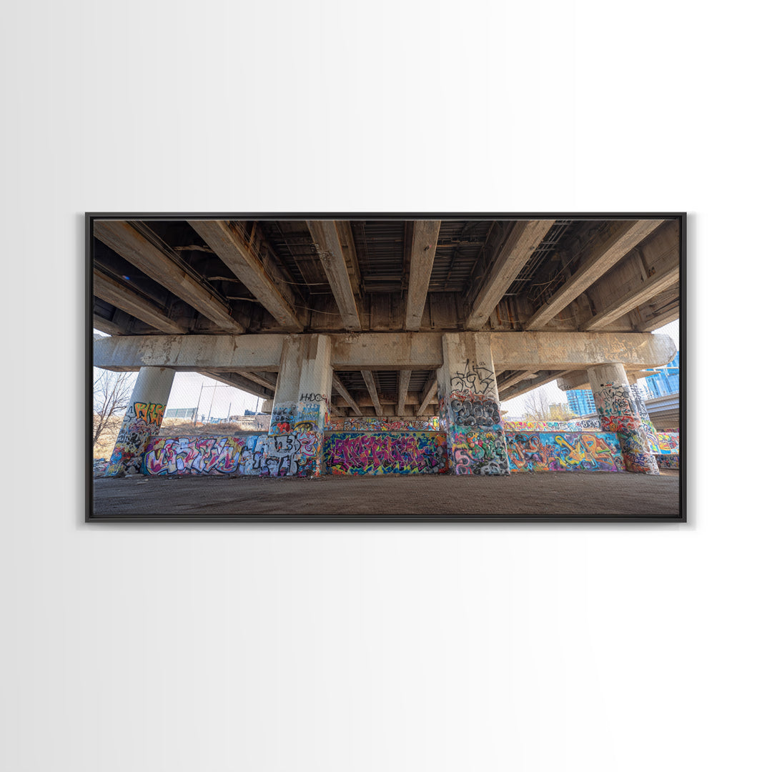 Colorful Graffiti Under Urban Bridge Wall Art, Street Art Photography Print, Modern Office Decor, Industrial City Poster