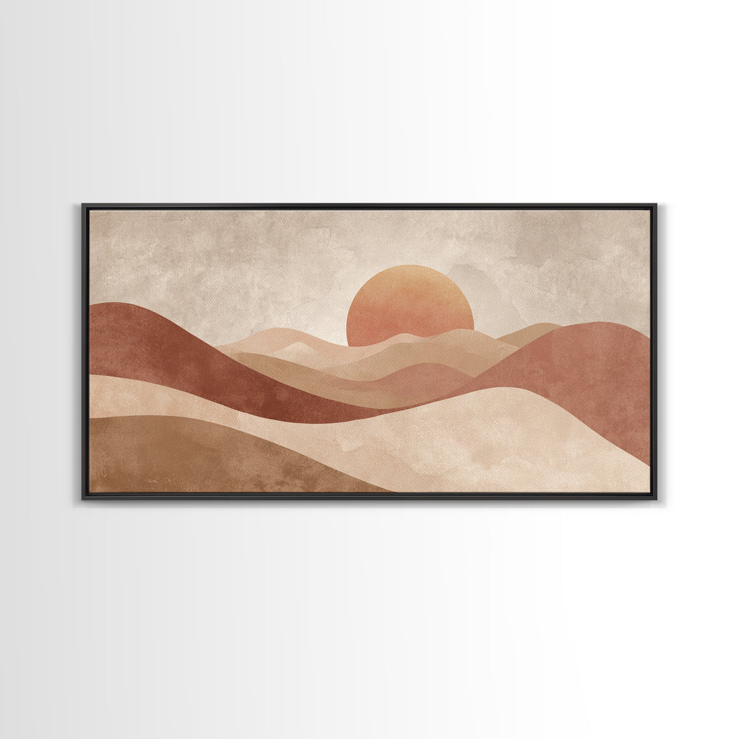 Minimalist Desert Sun And Dunes Canvas Print, Earth Tone Wall Art, Neutral Landscape Decor, Large Boho Living Room Art Print