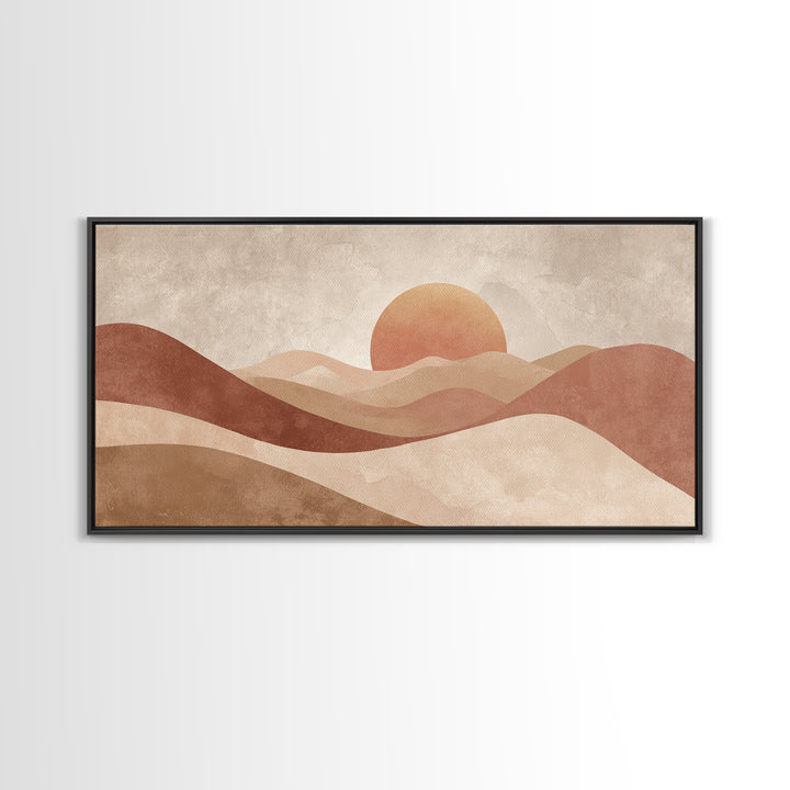 Minimalist Desert Sun And Dunes Canvas Print, Earth Tone Wall Art, Neutral Landscape Decor, Large Boho Living Room Art Print