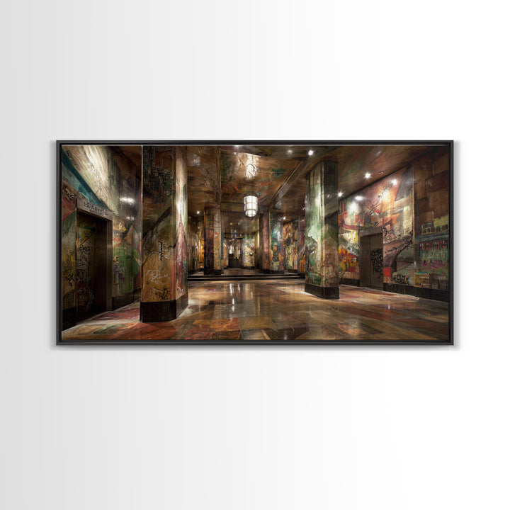 Graffiti Covered Underground Corridor Wall Art, Industrial Urban Canvas Print, Street Art Decor, Edgy Office Wall Decor