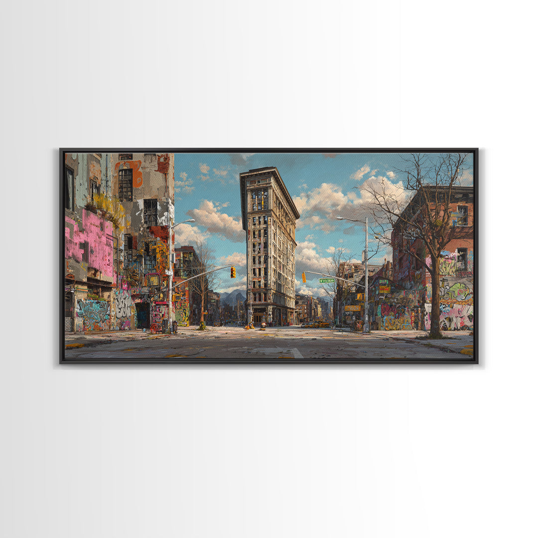 Flatiron City Street Wall Art, Urban Landscape Canvas Print, Graffiti Building Decor, New York Style Apartment Gift For Him