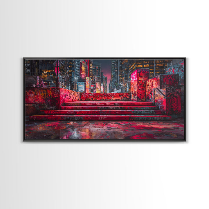 Neon Graffiti City Steps Wall Art, Cyberpunk Urban Street Art Print, Red Futuristic Decor For Gaming Room Or Loft Apartment Home Decor