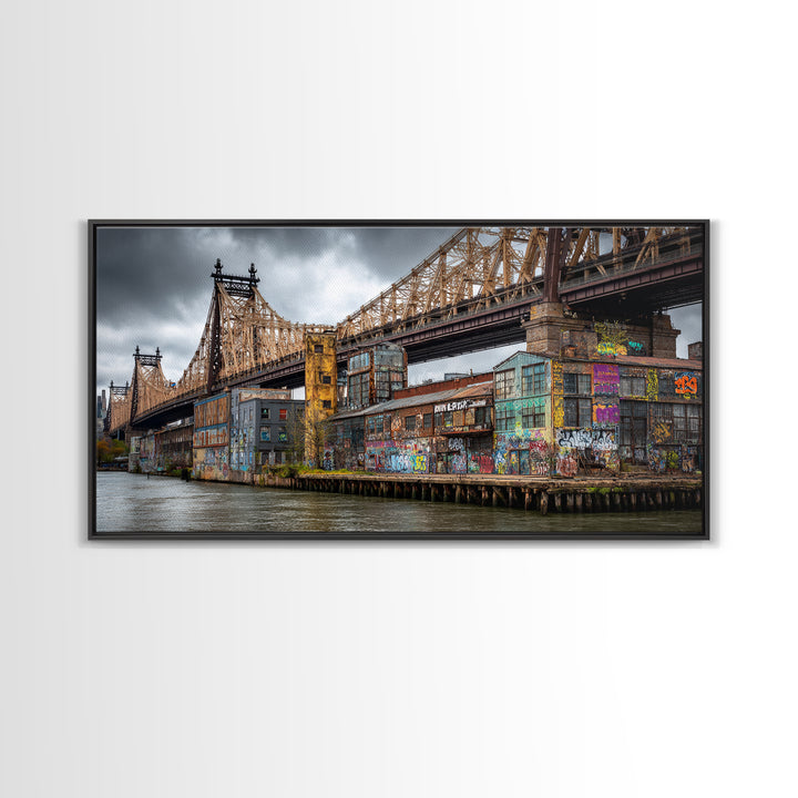 Graffiti Covered City Bridge Waterfront Framed Canvas Print, Urban Wall Art, NYC Art Print, Industrial Office Decor, Travel Poster