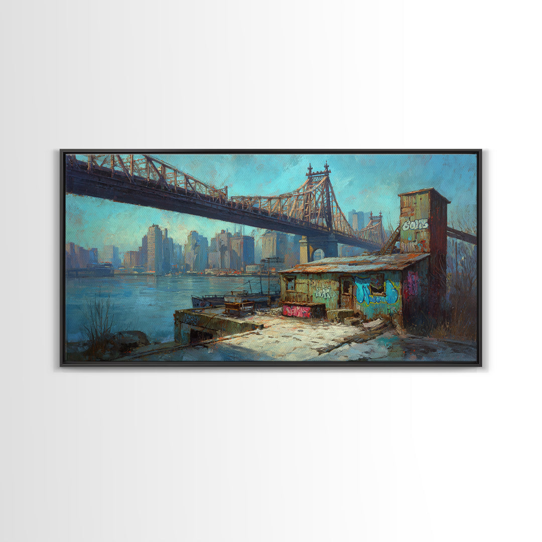 Queensboro Bridge Urban Waterfront Wall Art, NYC Cityscape Canvas Print, Industrial Loft Decor For Office And Living Room Decor