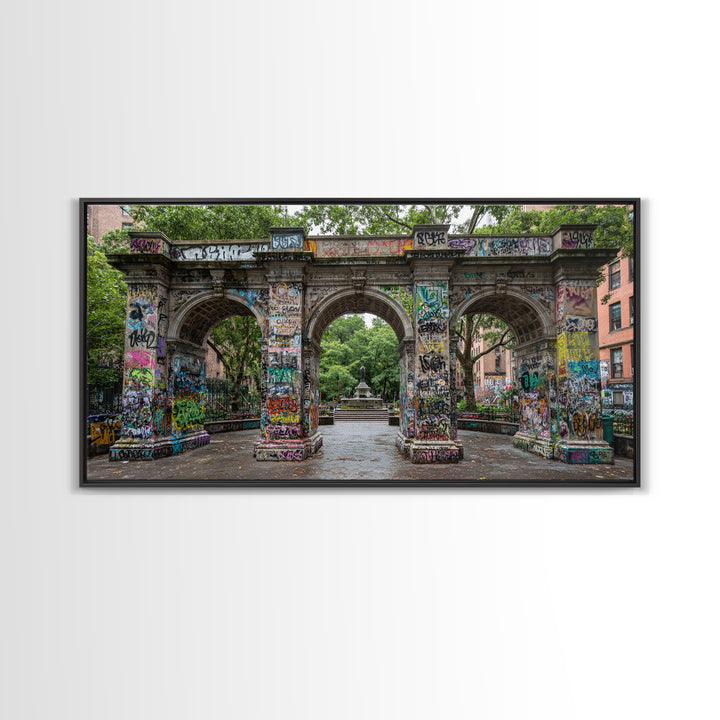 Graffiti Covered Stone Arch Wall Art, Urban Park Framed Canvas Print, NYC Street Art, Eclectic Apartment Decor Gift For Him