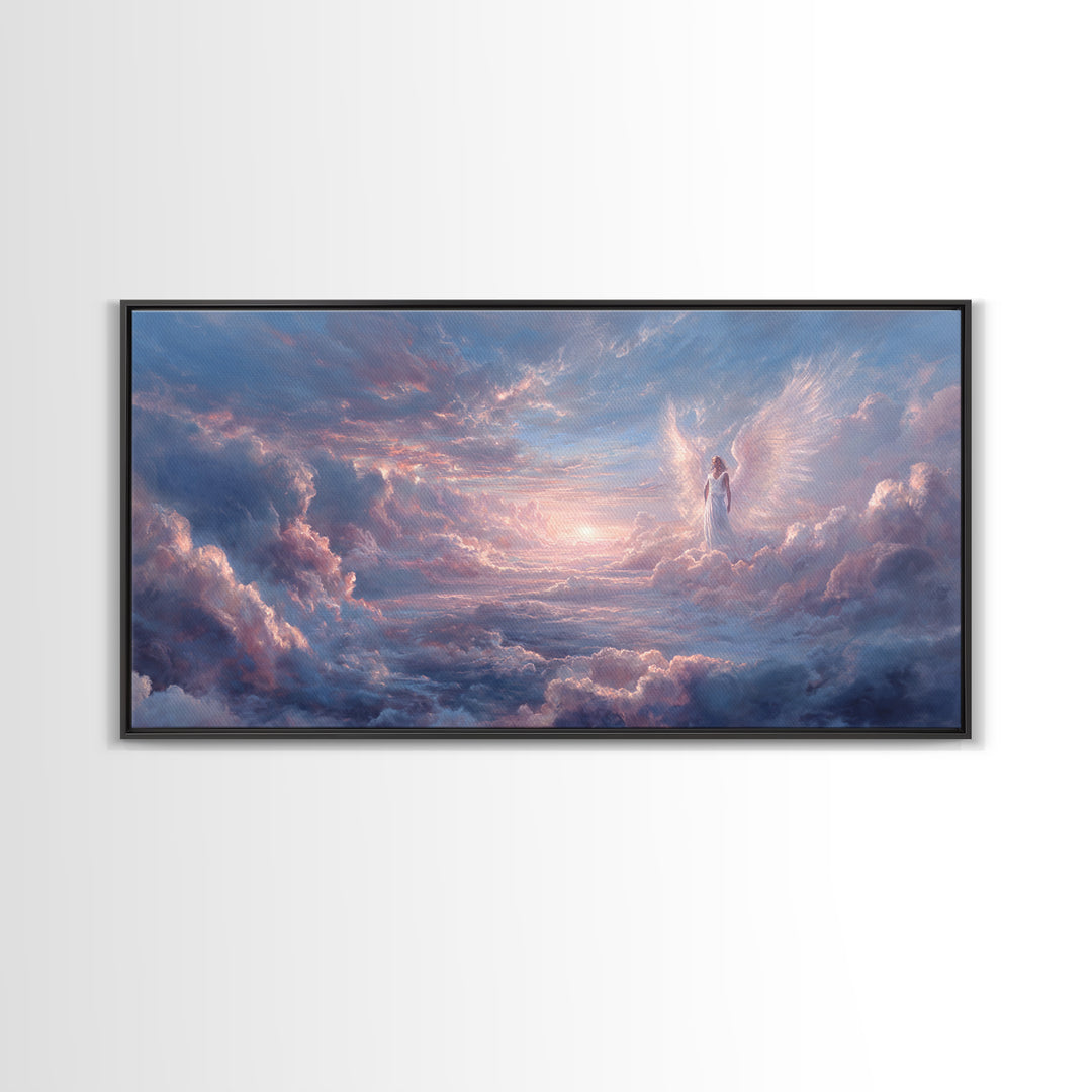 Angel In Pastel Heaven Clouds Framed Canvas Print, Dreamy Celestial Wall Art, Spiritual Sky Home Decor, Serene Gift For Her