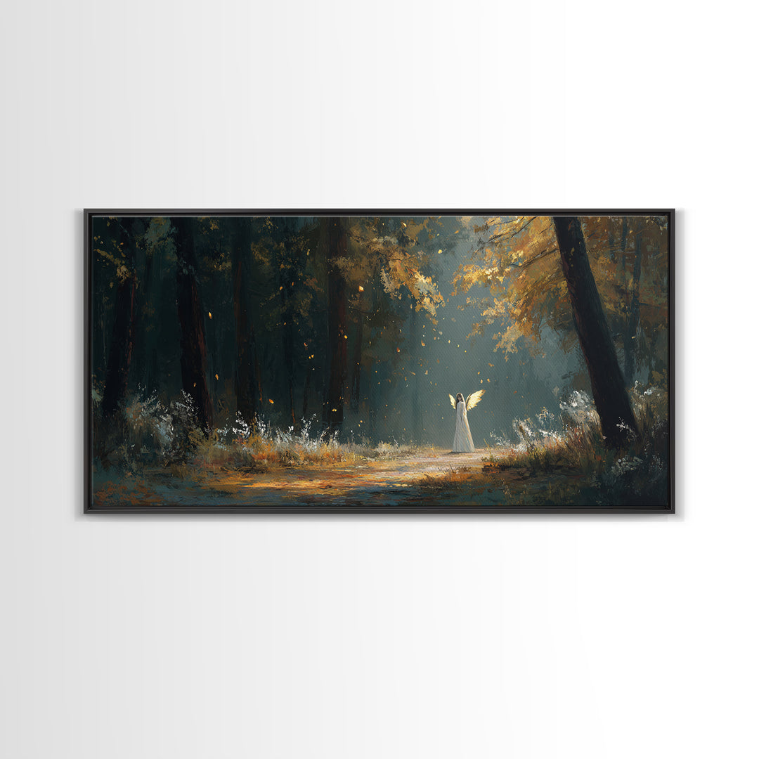 White Figure In Sunlit Autumn Forest Wall Art, Fantasy Landscape Print, Dark Woodland Decor, Mystical Nature Painting, Fine Art Print