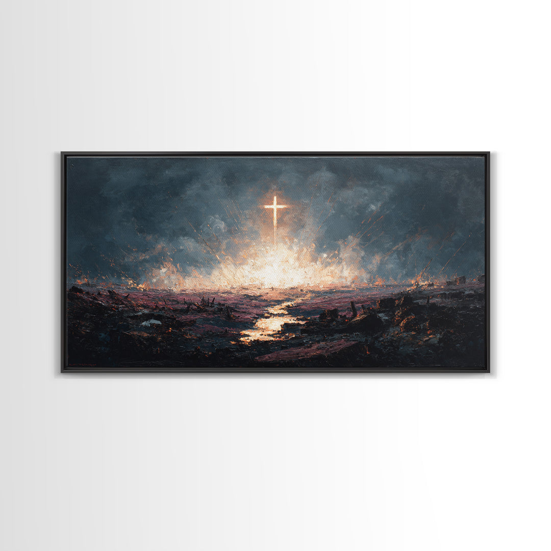 Glowing Cross Over Stormy Battlefield Framed Canvas Print, Christian Wall Art, Dramatic Faith Decor, Prayer Room Gift Idea