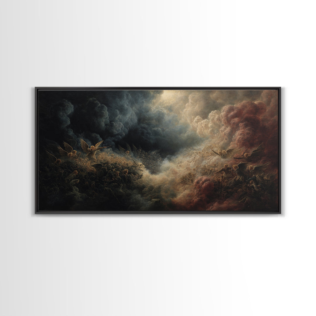 Dark Angel Battle In Storm Clouds Wall Art, Biblical Fantasy Painting, Dramatic Gothic Decor, Religious Fine Art Print Gift