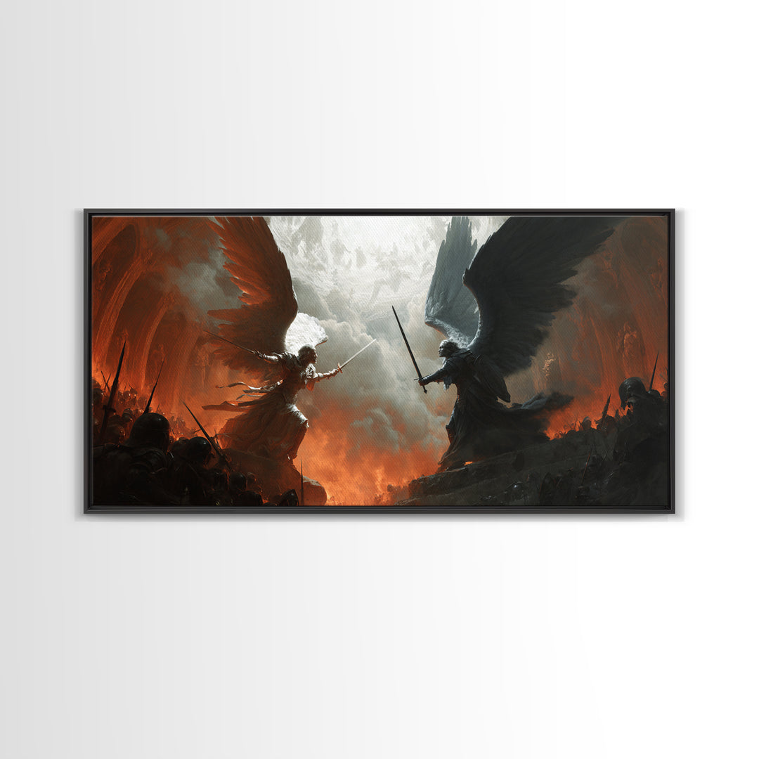 Angels And Demons Battle Wall Art, Dark Fantasy Framed Canvas Print, Epic Gothic Decor For Game Room Or Man Cave Wall Decor