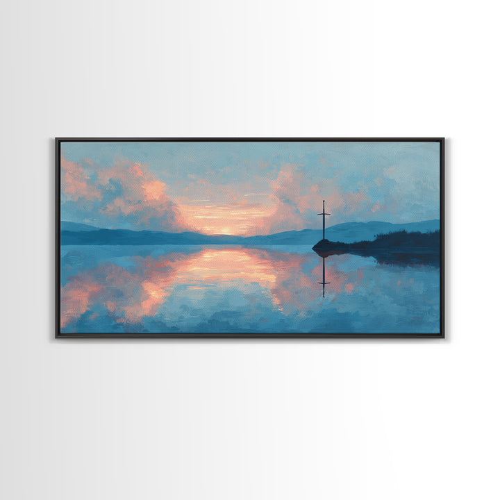 Pastel Lake Sunrise With Quiet Cross Wall Art, Landscape Painting, Christian Wall Decor, Calming Bedroom Art, Nature Gift