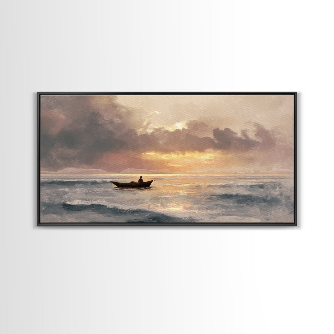 Solitary Fishing Boat At Golden Sunrise Canvas Print, Coastal Wall Art, Ocean Painting, Seascape Decor, Living Room Art Gift