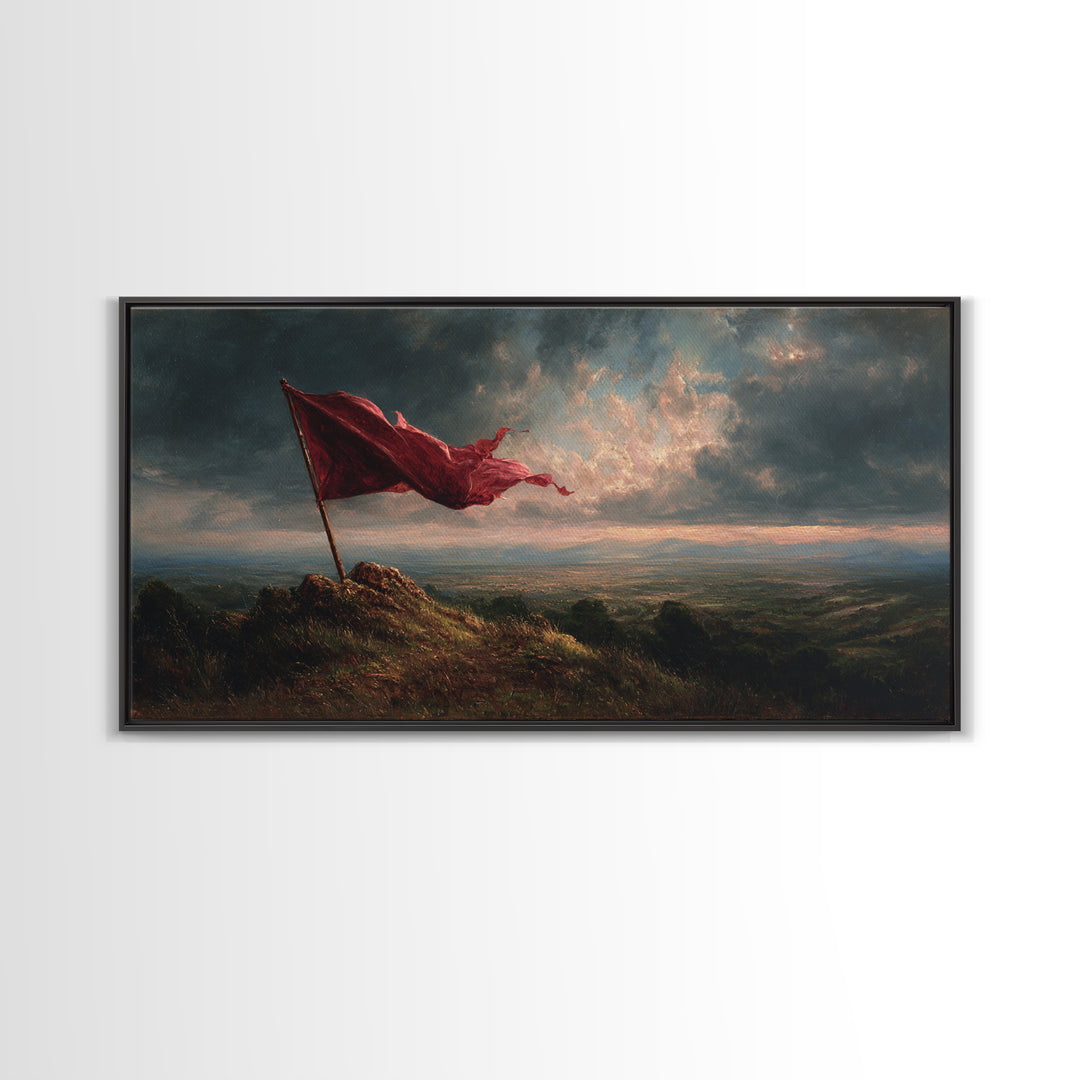 Red Flag Stormy Mountain Canvas Print, Dramatic Landscape Wall Art, Moody Rustic Decor, Patriotic Banner Art Print Gift For Him