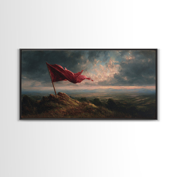 Red Flag Stormy Mountain Canvas Print, Dramatic Landscape Wall Art, Moody Rustic Decor, Patriotic Banner Art Print Gift For Him