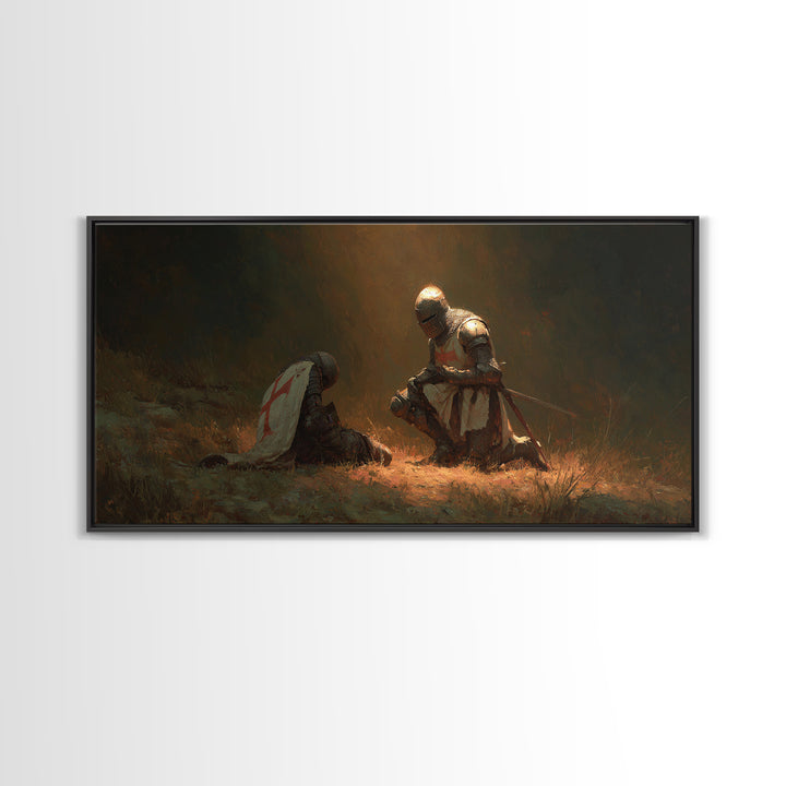 Kneeling Knight Beside Fallen Comrade Wall Art, Medieval Templar Painting, Chivalry Decor, Historical Canvas Print, Gift For Him