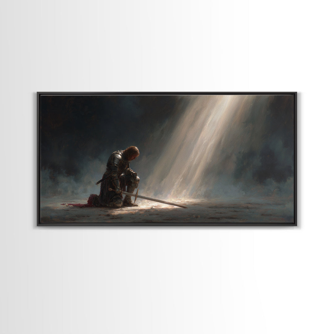 Solitary Knight Kneeling In Divine Light Canvas Print, Medieval Prayer Wall Art, Templar Office Decor, Spiritual Gift For Him