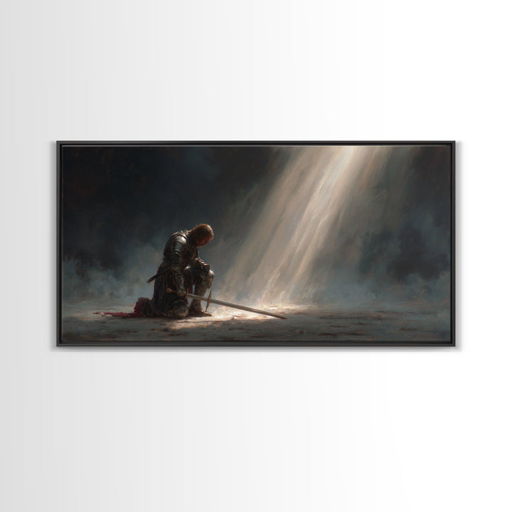 Solitary Knight Kneeling In Divine Light Canvas Print, Medieval Prayer Wall Art, Templar Office Decor, Spiritual Gift For Him