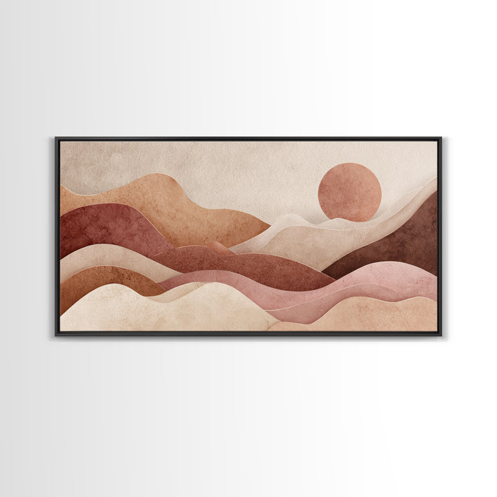 Mauve Terracotta Abstract Mountain Sun Wall Art, Wavy Desert Landscape Canvas Print, Neutral Boho Decor, Large Above Bed Art