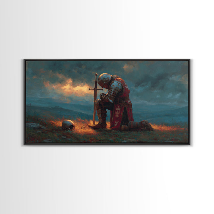 Kneeling Medieval Knight Wall Art, Moody Fantasy Framed Canvas Print, Sword And Skull Decor, Masculine Office Art Gift For Him