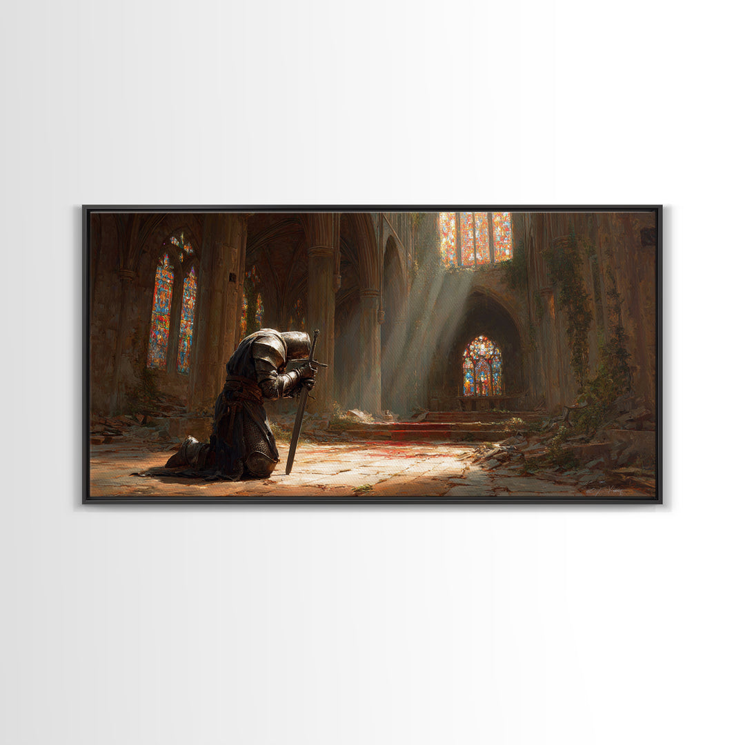 Kneeling Knight In Ruined Cathedral Wall Art, Medieval Fantasy Canvas, Stained Glass Chapel, Dark Academia Home Decor Gift