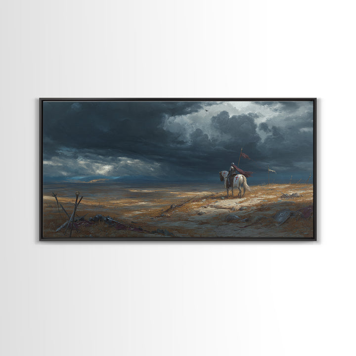 Lone Western Rider Storm Landscape Wall Art, Moody Prairie Horse Canvas, Rustic Cowboy Decor, Dramatic Frontier Print, Gift