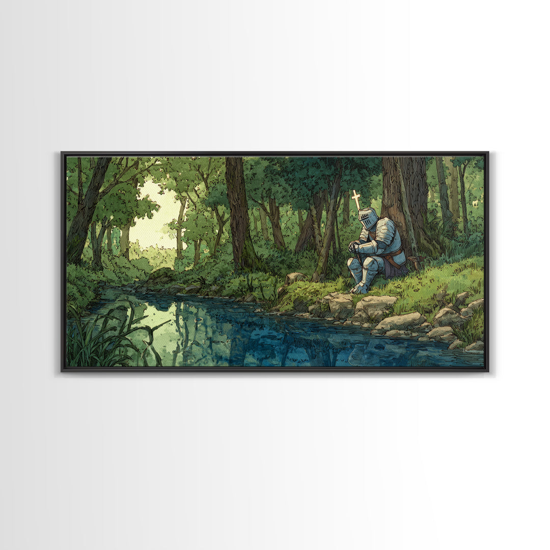 Pixel Knight Resting By Forest Stream Wall Art, Fantasy Canvas Print, Woodland Landscape, Kids Room Decor Gamer Gift For Him