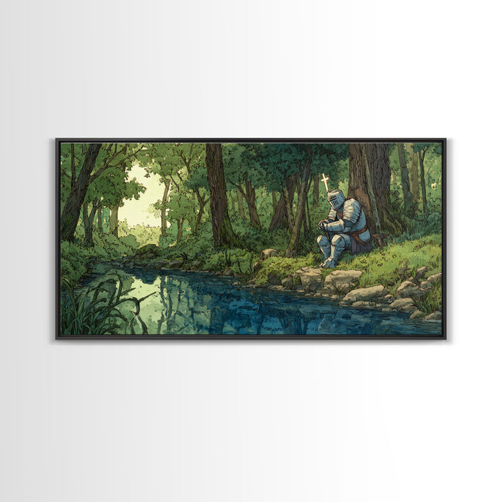 Pixel Knight Resting By Forest Stream Wall Art, Fantasy Canvas Print, Woodland Landscape, Kids Room Decor Gamer Gift For Him