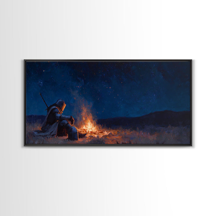 Lonely Knight Campfire Canvas Print, Dark Fantasy Wall Art, Starry Night Medieval Decor, Gaming Room Art And Gift For Him