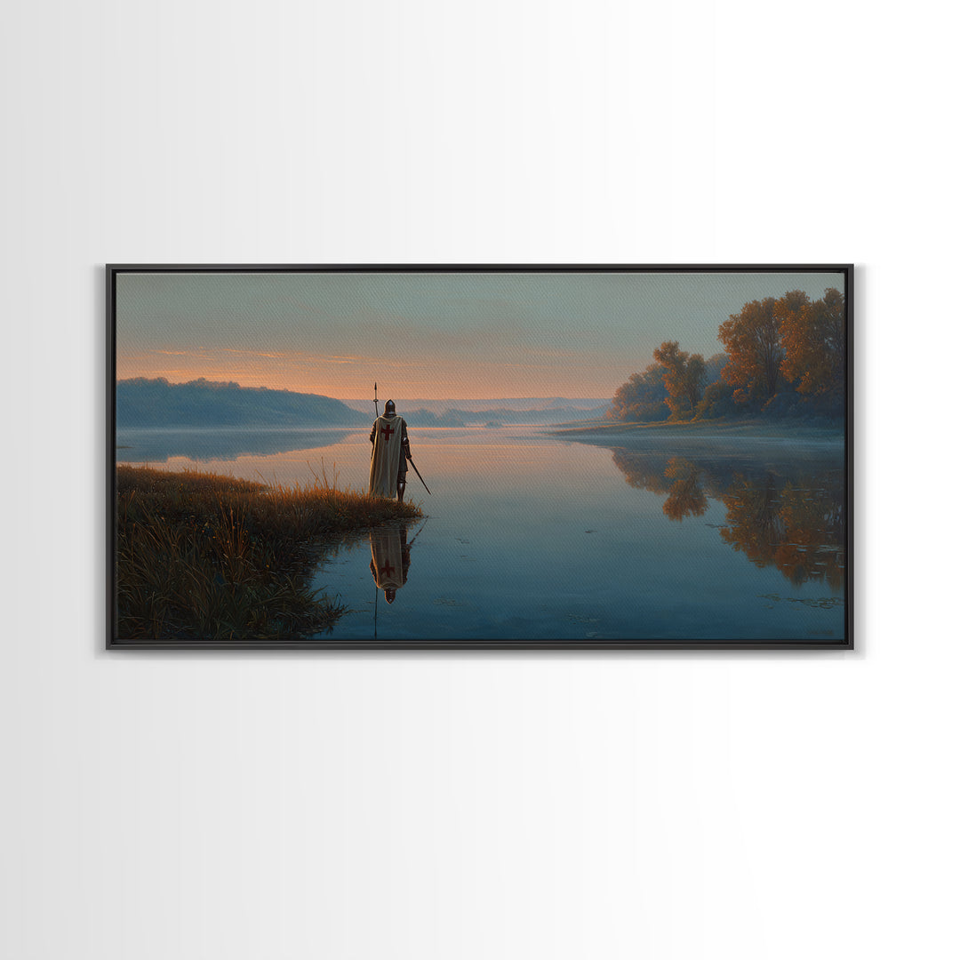 Misty River Knight Landscape Wall Art, Serene Medieval Lake Canvas, Reflective Nature Decor, Fantasy Print, Gift For Him