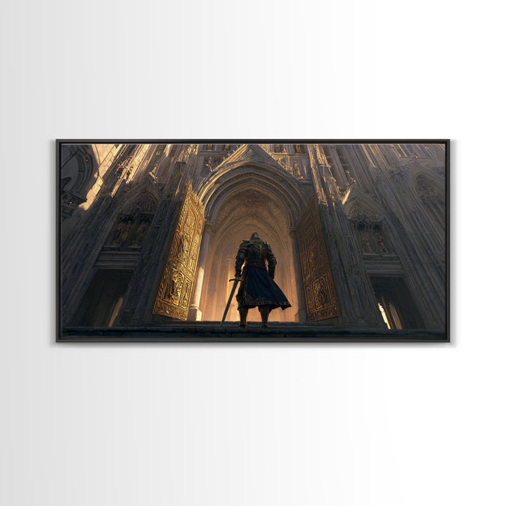 Armored Knight Before Gothic Cathedral Wall Art, Medieval Fantasy Architecture Print, Dark Academia Castle Decor Gift For Him