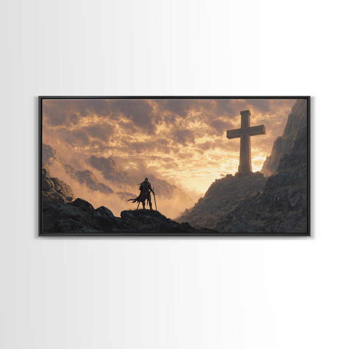 Knight At Mountain Cross Wall Art, Christian Fantasy Canvas Print, Medieval Warrior Decor, Inspirational Religious Art Print