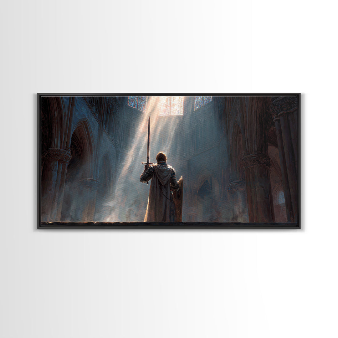 Knight In Sunlit Gothic Cathedral Framed Canvas Print, Fantasy Wall Art, Medieval Decor, Christian Artwork, Gift For Him