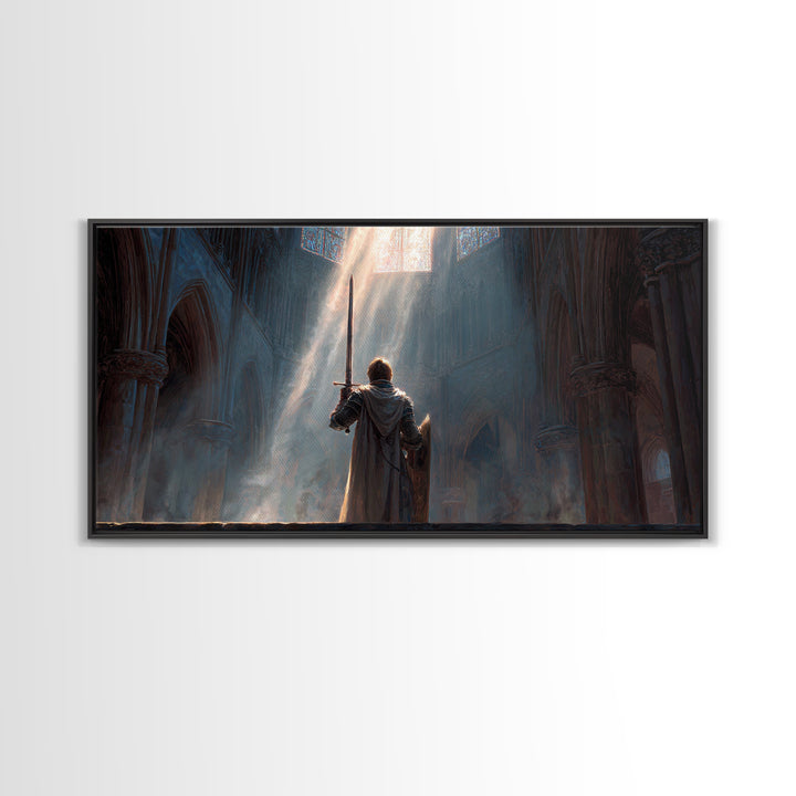Knight In Sunlit Gothic Cathedral Framed Canvas Print, Fantasy Wall Art, Medieval Decor, Christian Artwork, Gift For Him