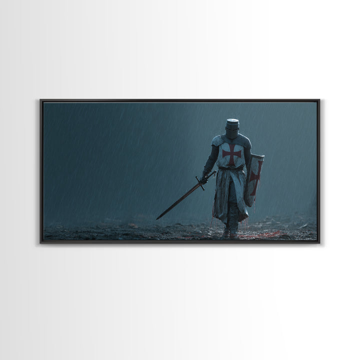 Templar Knight In Rain Wall Art, Medieval Crusader Canvas Print, Dark Fantasy Decor, Gothic Warrior Art Print For Man Cave