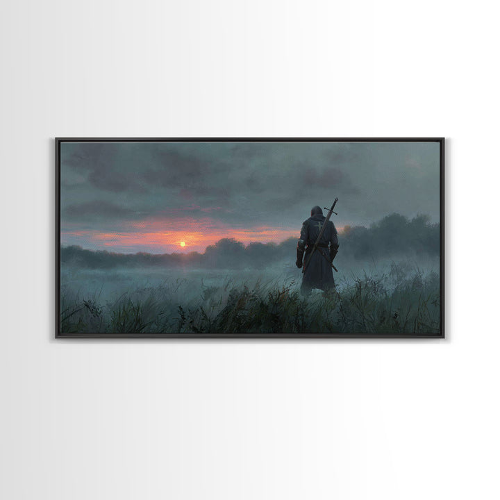 Lone Warrior At Misty Sunrise Wall Art, Medieval Fantasy Canvas Print, Moody Landscape Decor, Dark Academia Gift For Him