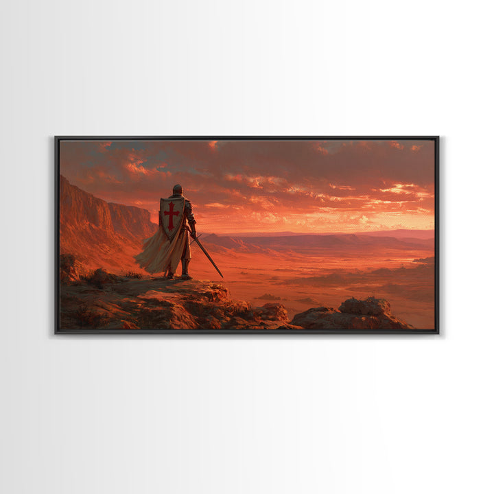 Templar Knight Over Desert Valley Canvas Print, Medieval Fantasy Wall Art, Western Sunset Decor, Man Cave Poster Gift For Him
