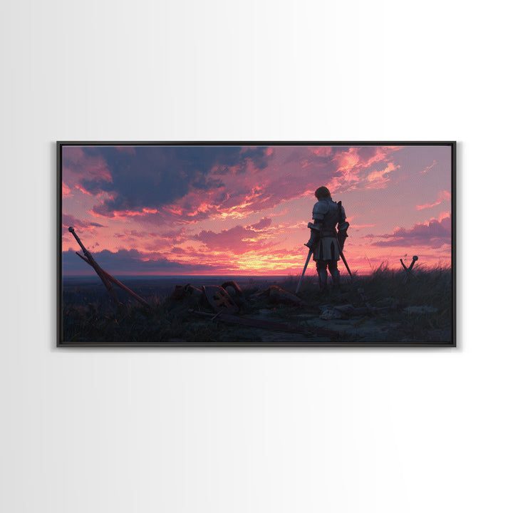 Lonely Warrior Sunset Wall Art, Medieval Battlefield Canvas Print, Moody Fantasy Landscape Decor, Gift For Him Office Art