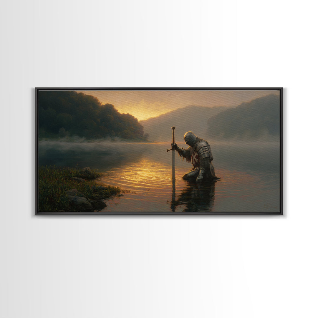Kneeling Knight In Misty Lake At Sunrise Framed Canvas Print, Fantasy Wall Art, Medieval Decor, Man Cave Art, Gift For Him