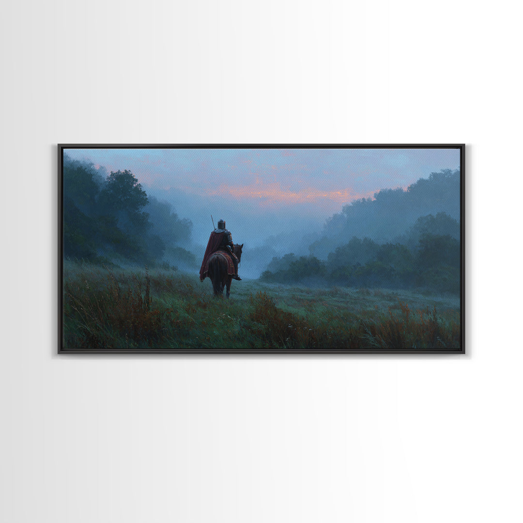 Lone Rider In Misty Forest Canvas Print, Moody Landscape Wall Art, Medieval Horseman Decor, Fantasy Adventure Gift For Him