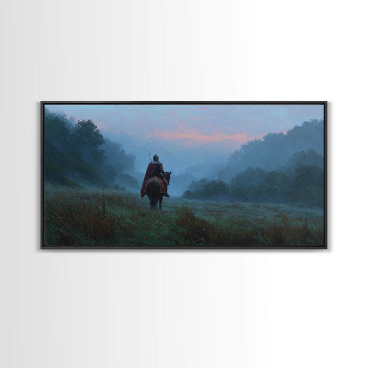 Lone Rider In Misty Forest Canvas Print, Moody Landscape Wall Art, Medieval Horseman Decor, Fantasy Adventure Gift For Him