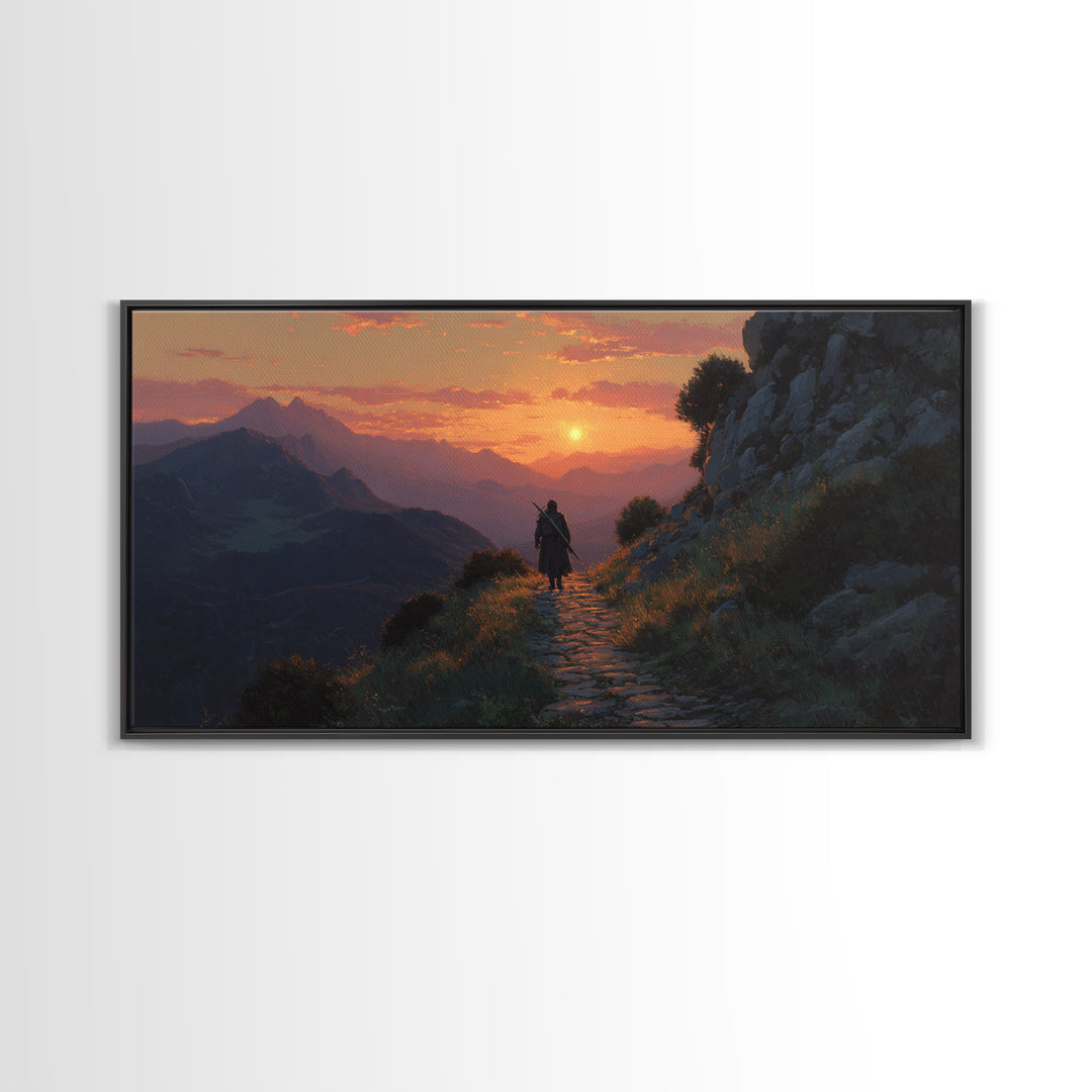 Lone Traveler Mountain Sunset Wall Art, Fantasy Landscape Canvas Print, Above Bed Decor, Adventure Gift, Nature Wall Decor