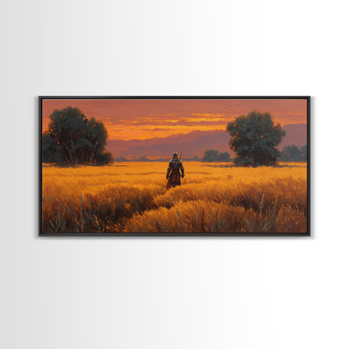 Armored Warrior In Golden Field Wall Art, Fantasy Landscape Print, Sunset Adventure Decor, Medieval Knight Gift For Him Art