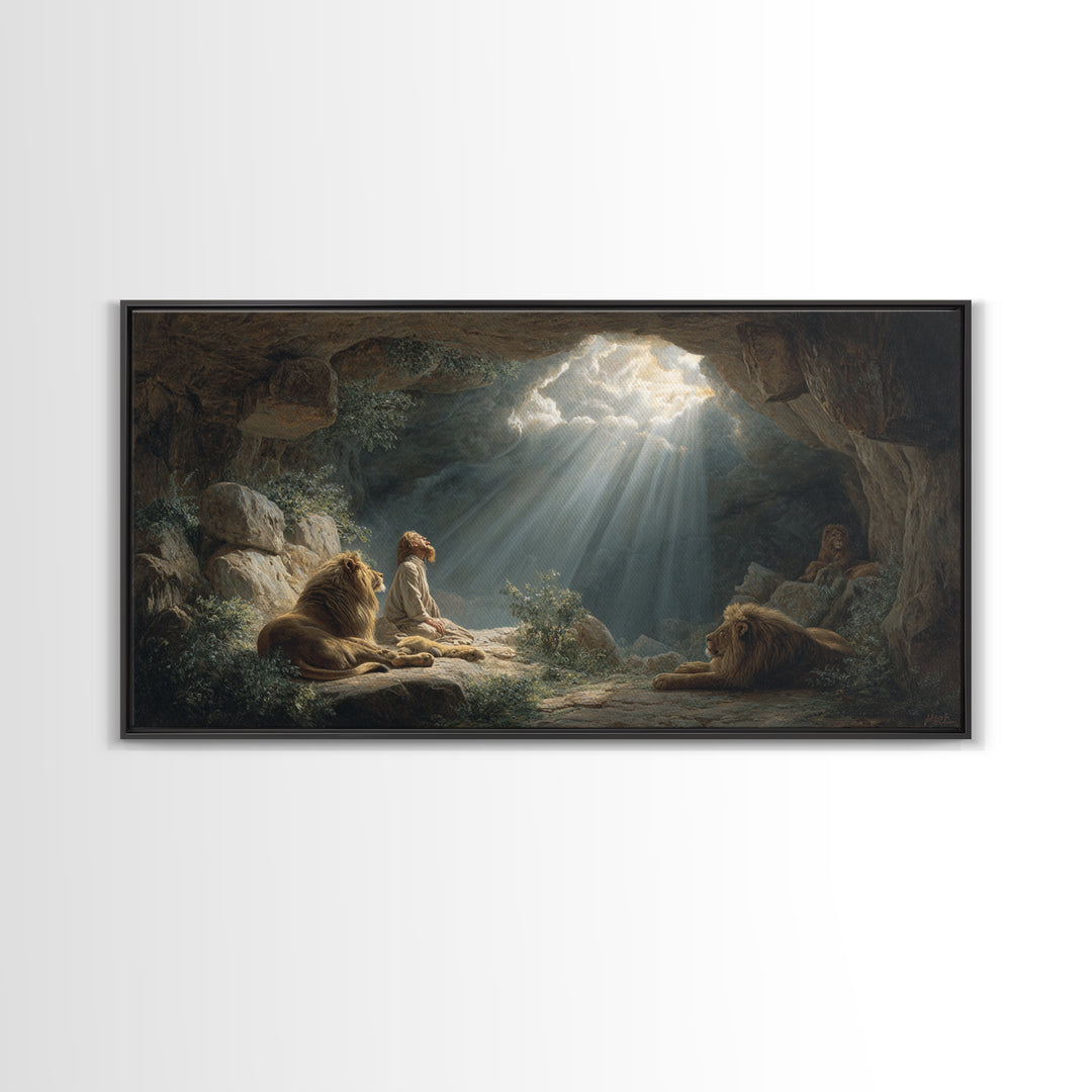 Sunlit Cave Child With Lions Canvas Print, Biblical Fantasy Wall Art For Nursery Decor, Prayer Room Decor And Housewarming Gift