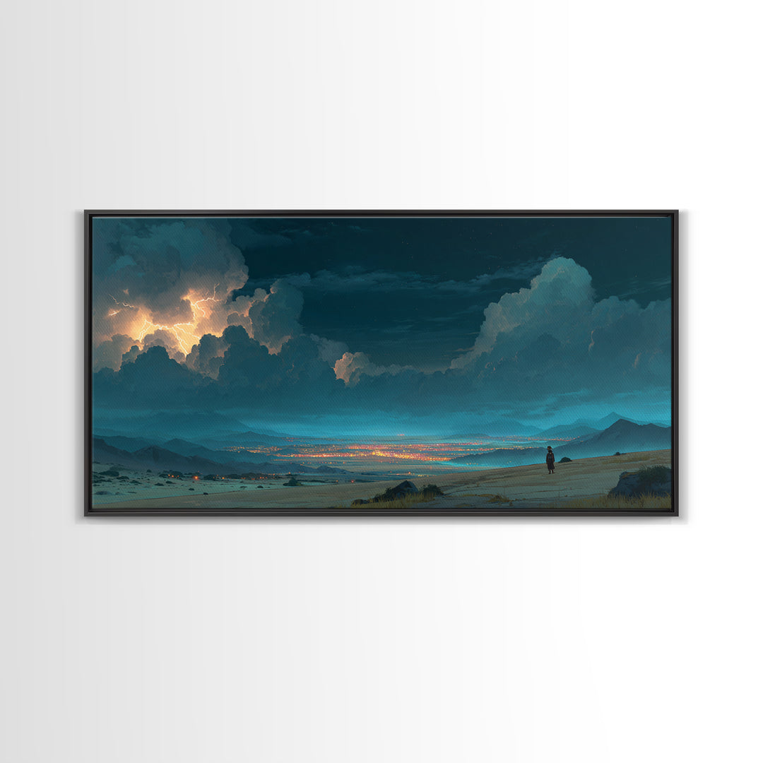 Moonlit Desert Storm Wall Art, Moody Blue Night Landscape Canvas Print, Southwest Travel Decor, Dramatic City Lights Gift