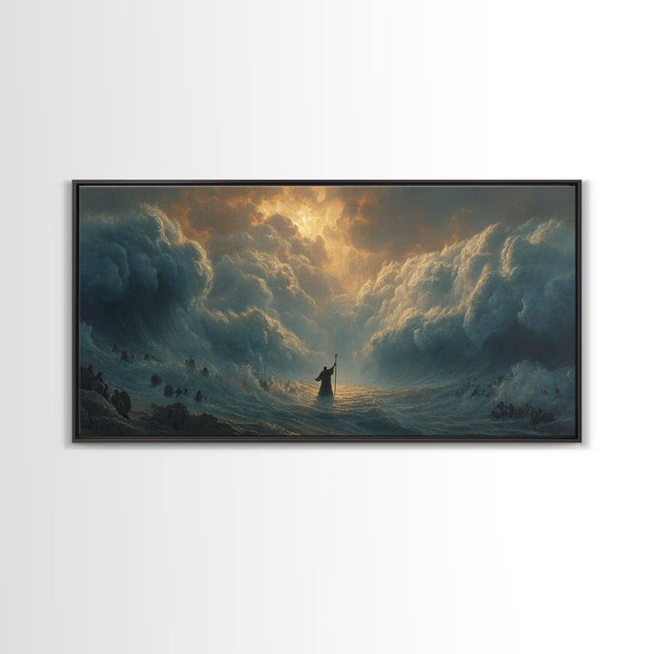 Moses Parting The Red Sea Wall Art, Biblical Ocean Storm Painting, Christian Home Decor, Dramatic Faith Gift For Living Room