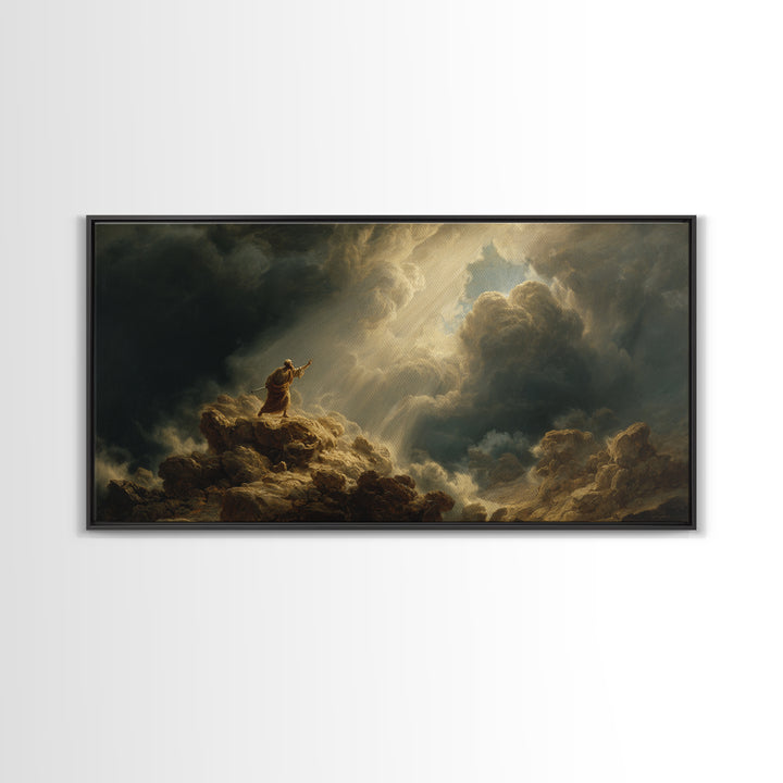 Prophet On Stormy Mountain Canvas Print, Biblical Wall Art, Divine Light Clouds, Spiritual Landscape Decor Gift For Prayer Room