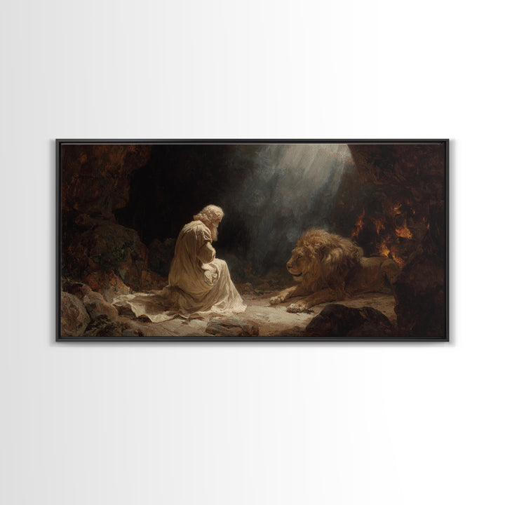 Praying Man With Lion Cave Wall Art, Christian Canvas Print, Biblical Daniel Decor, Spiritual Fine Art For Prayer Room Decor