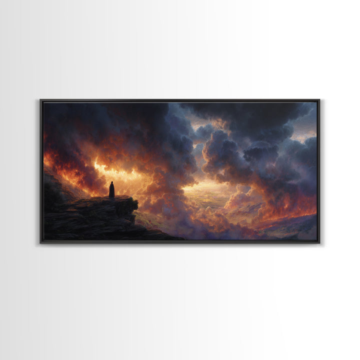Lone Figure Before Fiery Storm Wall Art, Dark Fantasy Canvas Print, Dramatic Surreal Landscape, Moody Office Decor Gift For Him