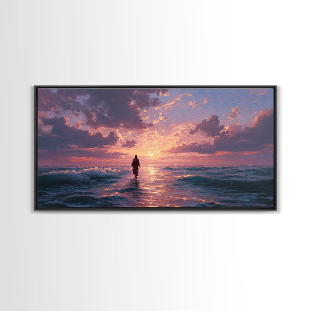 Solitary Figure In Ocean Sunset Waves Wall Art, Seascape Canvas Print, Coastal Decor, Romantic Bedroom Art, Gift For Her
