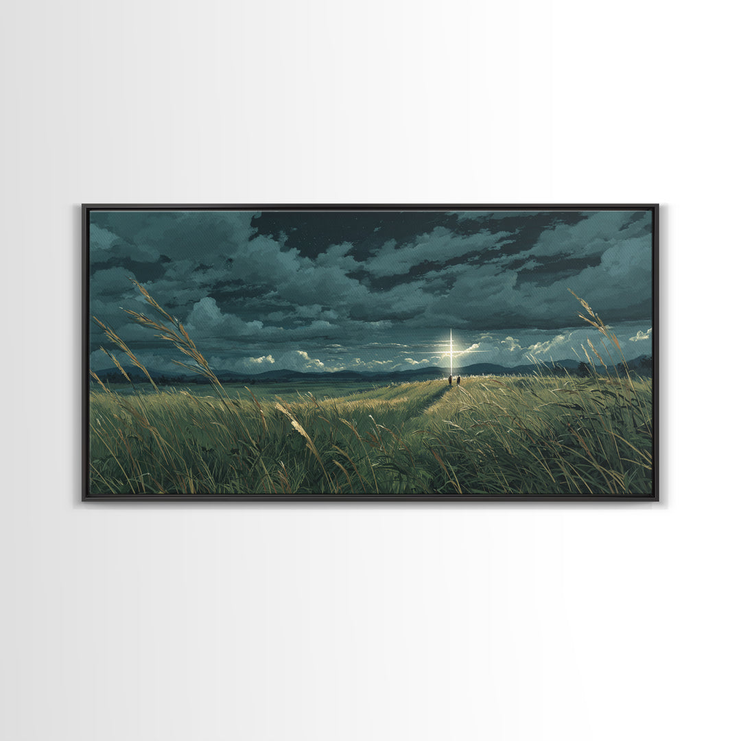 Lone Figure In Stormy Meadow Wall Art, Moody Fantasy Landscape Canvas Print, Cinematic Field Decor, Dramatic Nature Art Print